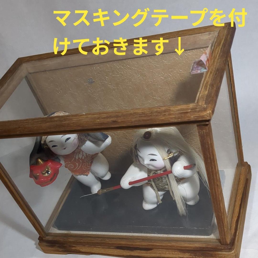 加賀人形 伝統工芸 獅子舞と薙刀 男童 ガラスケース付 昭和レトロ 旧家保管品