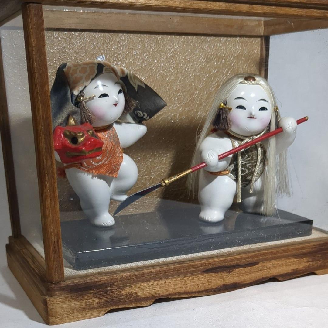 加賀人形 伝統工芸 獅子舞と薙刀 男童 ガラスケース付 昭和レトロ 旧家保管品