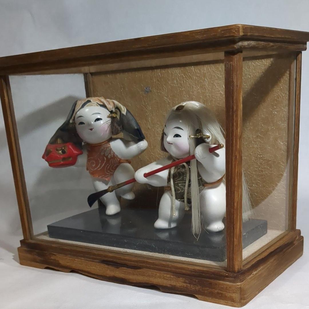 加賀人形 伝統工芸 獅子舞と薙刀 男童 ガラスケース付 昭和レトロ 旧家保管品