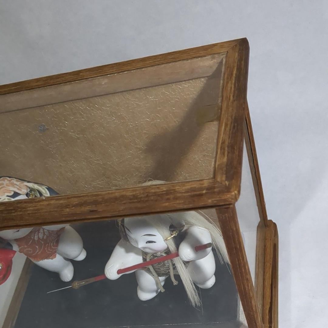 加賀人形 伝統工芸 獅子舞と薙刀 男童 ガラスケース付 昭和レトロ 旧家保管品
