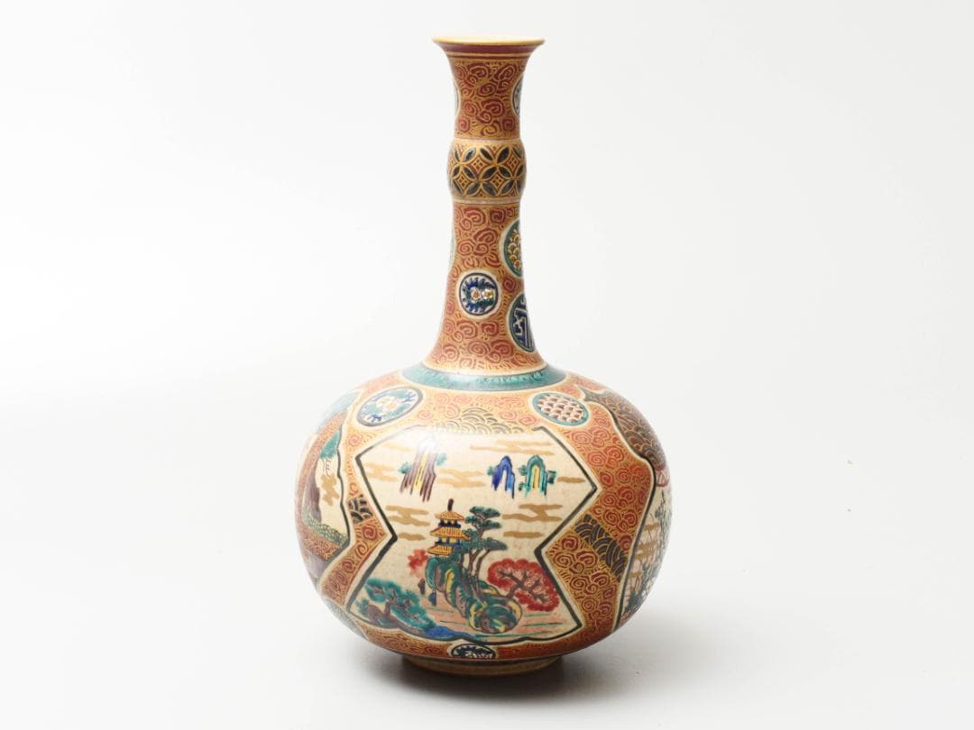 幕末名工 【九谷庄三】造 色絵金彩図変鶴首 花瓶 花器 高さ27.5ⅽm