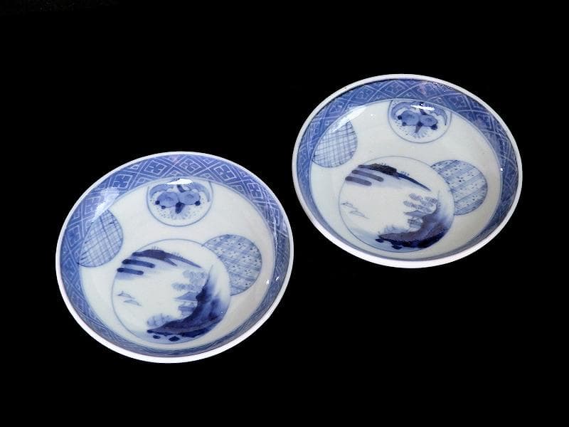古伊万里　染付　墨弾き　丸紋の図　豆皿　手塩皿　２枚　C794AS-CRq