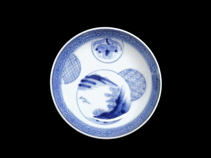 古伊万里　染付　墨弾き　丸紋の図　豆皿　手塩皿　２枚　C794AS-CRq