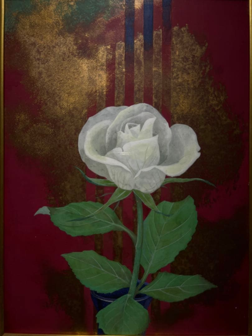 写実　日本画　【白い薔薇】肉筆画　作者不詳