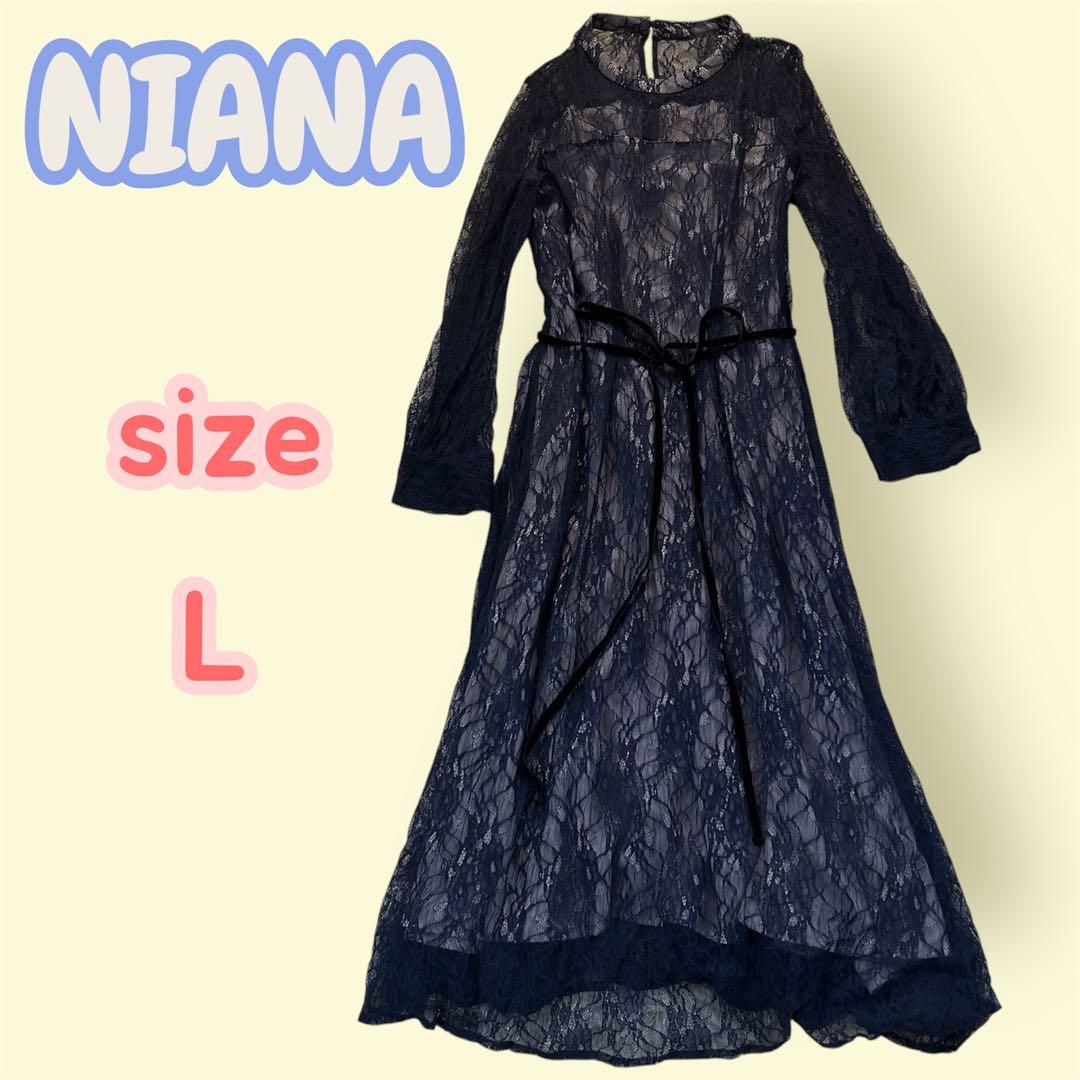 美品【NIANA】ニアナ シアーレース ウエストリボンドレス 長袖ワンピース L