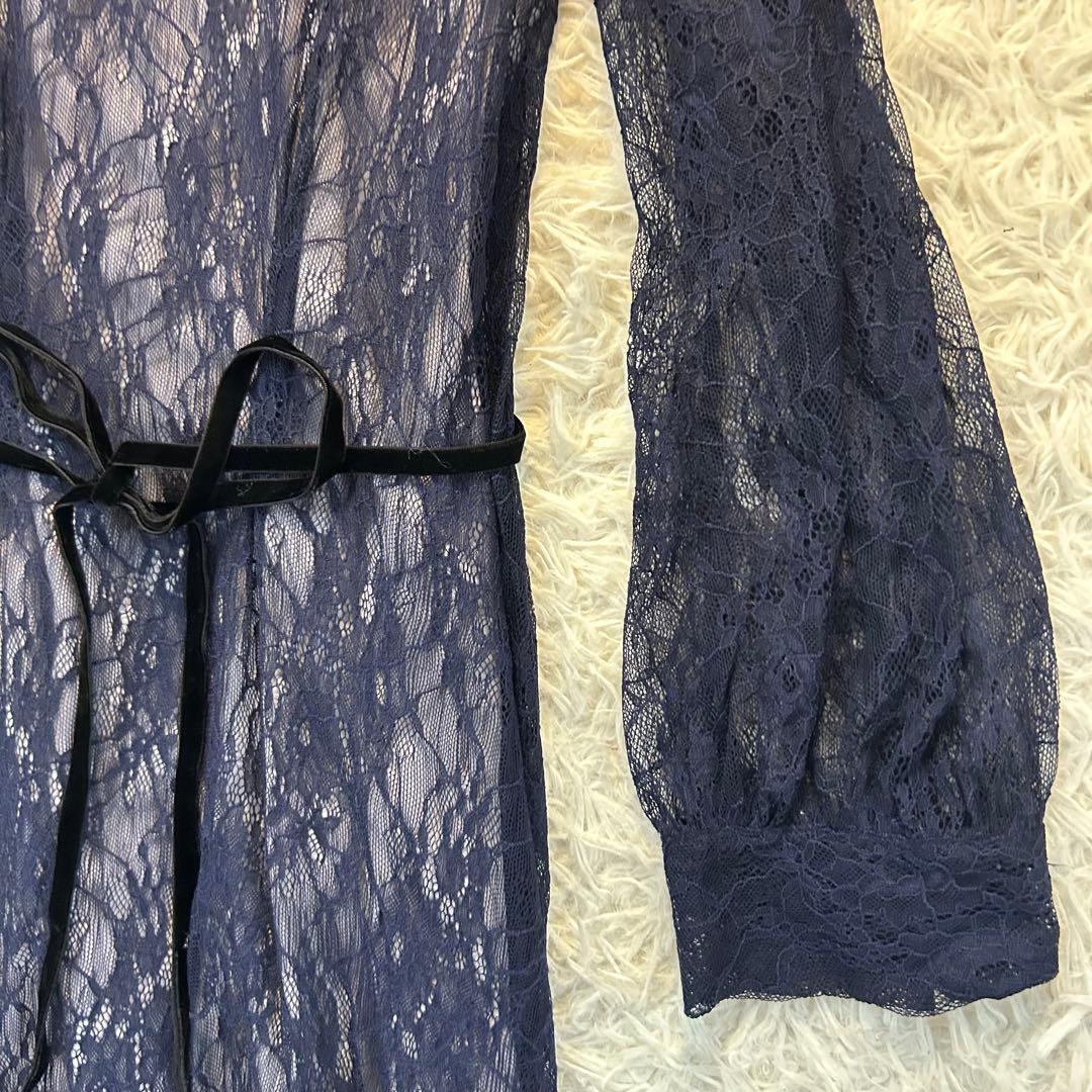 美品【NIANA】ニアナ シアーレース ウエストリボンドレス 長袖ワンピース L