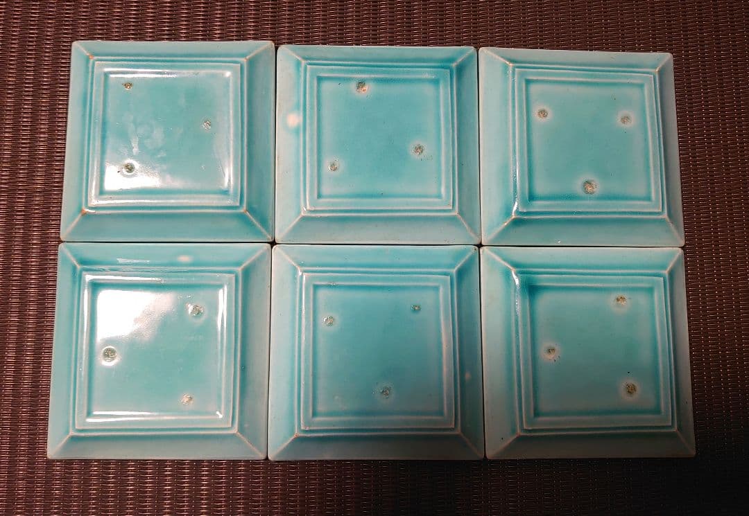 阿波 淡路島 珉平焼 網代模様に蔦 角豆皿 手塩皿6客 青 骨董