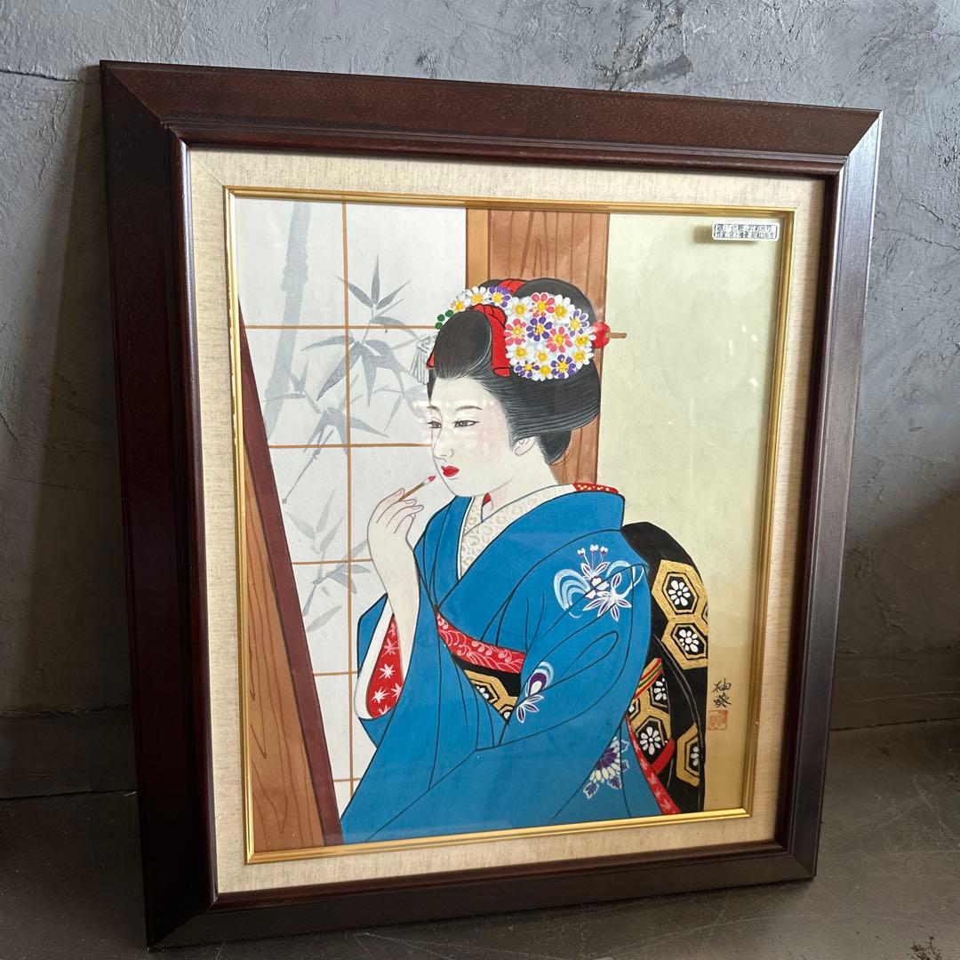 日本画 青い着物の女性