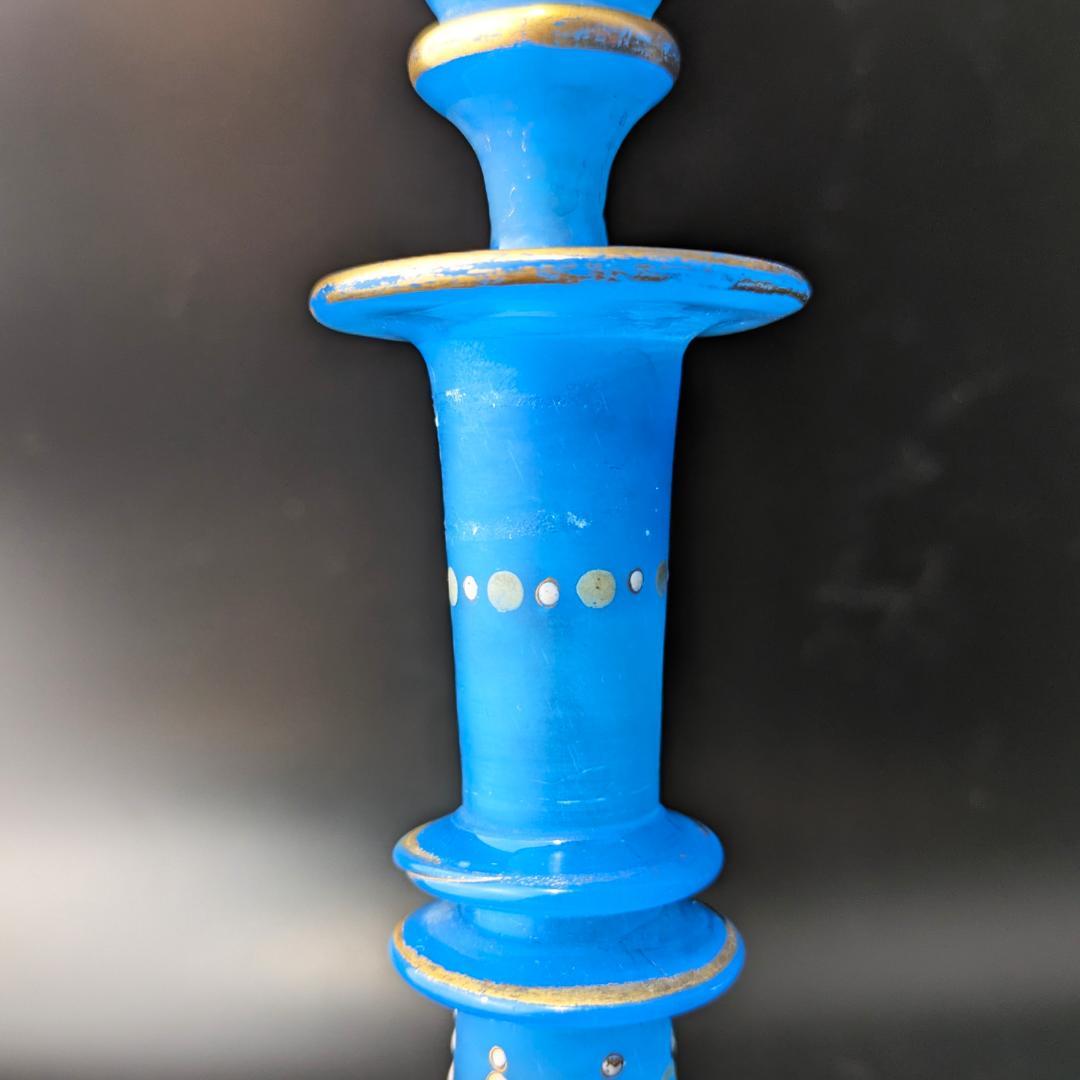 オールドバカラ 青オパーリンガラス 大型香水瓶 エナメル＆金彩ジュエル紋