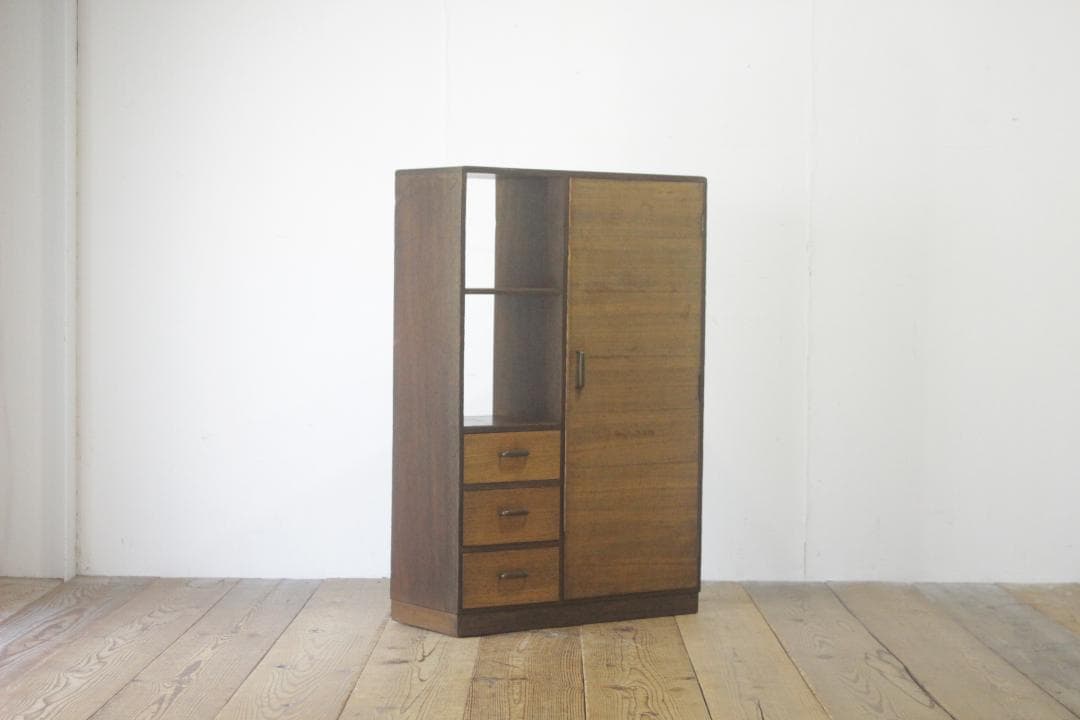 レトロ 小振り キャビネット 戸棚 引き出し 抽斗 3杯 収納 左右非対称 木製