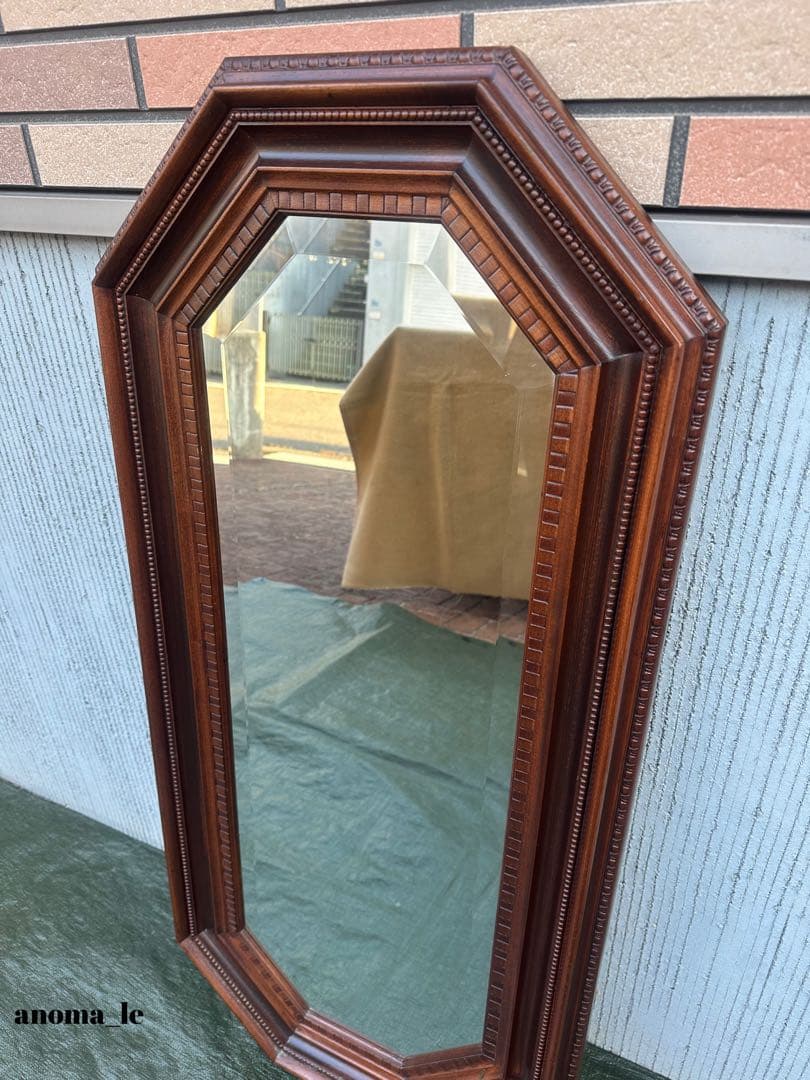 6001【ウォールミラー】イタリア　木製　彫刻　ベベル鏡　アンティークヴィンテー