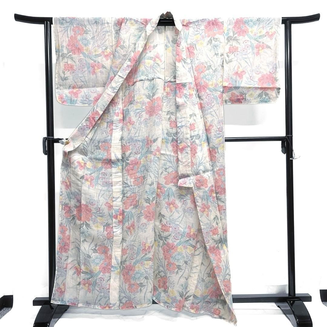 小紋　小千谷ちぢみ　麻　花模様　菊　牡丹　オフホワイト　着物　074a d