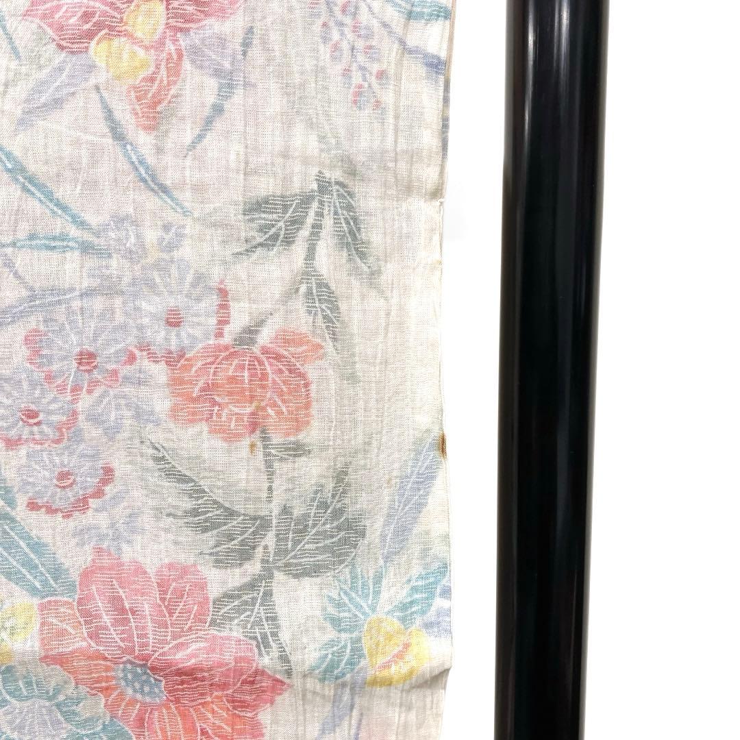 小紋　小千谷ちぢみ　麻　花模様　菊　牡丹　オフホワイト　着物　074a d