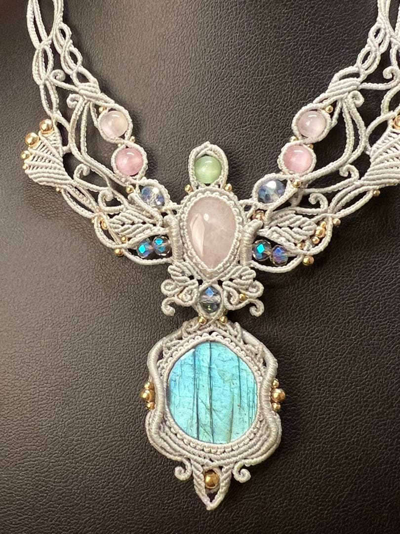 【handmade】マクラメ× ラブラドライト&ローズクォーツ ネックレス