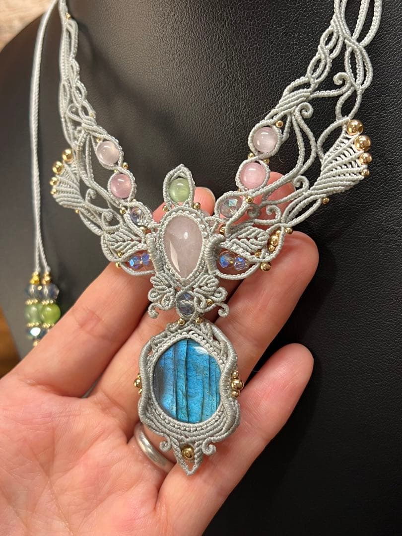 【handmade】マクラメ× ラブラドライト&ローズクォーツ ネックレス