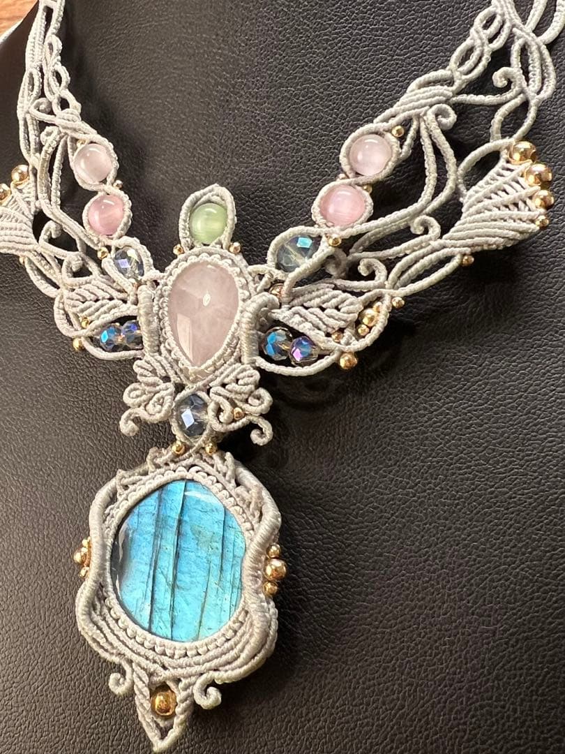 【handmade】マクラメ× ラブラドライト&ローズクォーツ ネックレス