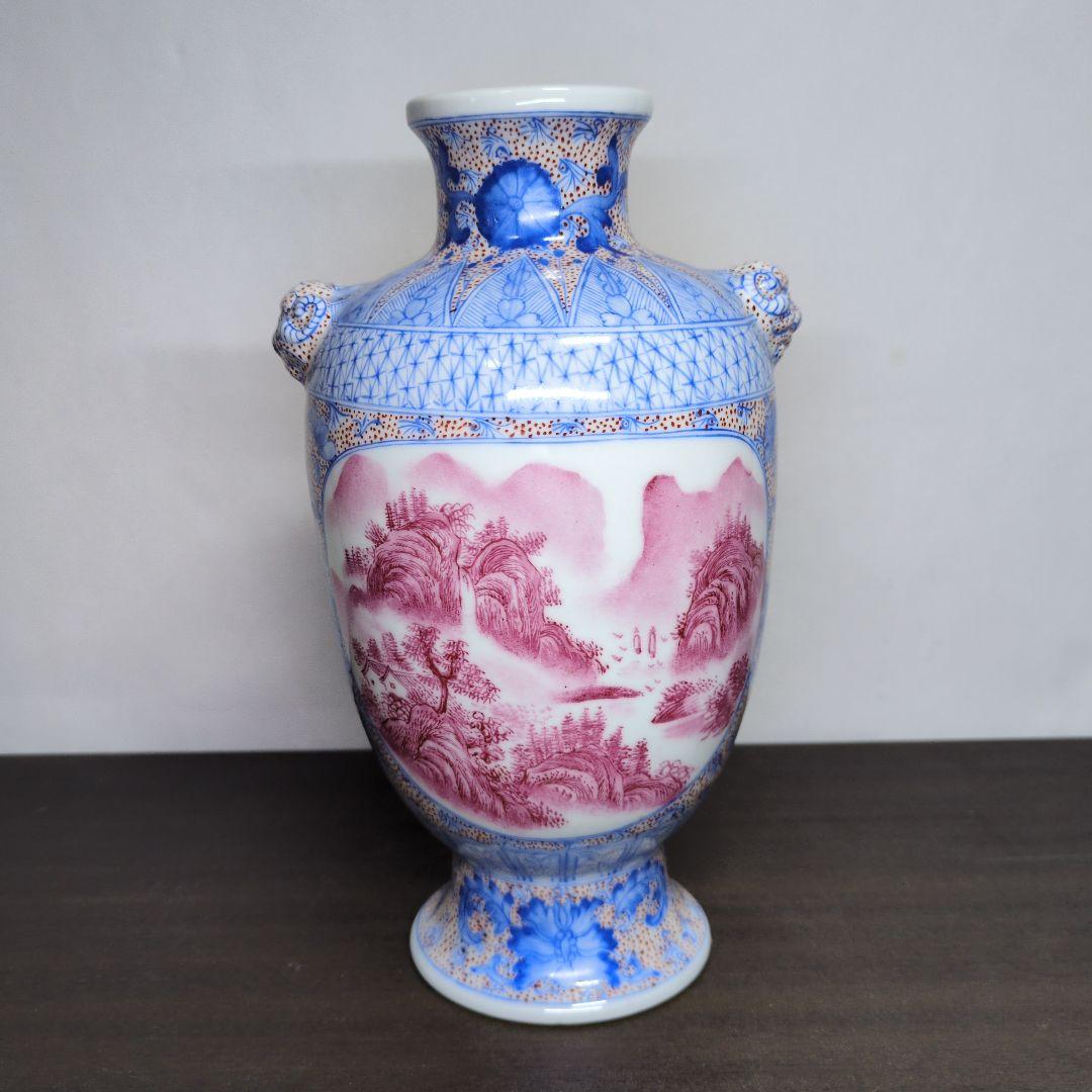 居仁堂製 色絵 窓絵 山水文 獣耳付 瓶 高さ約24.5cm