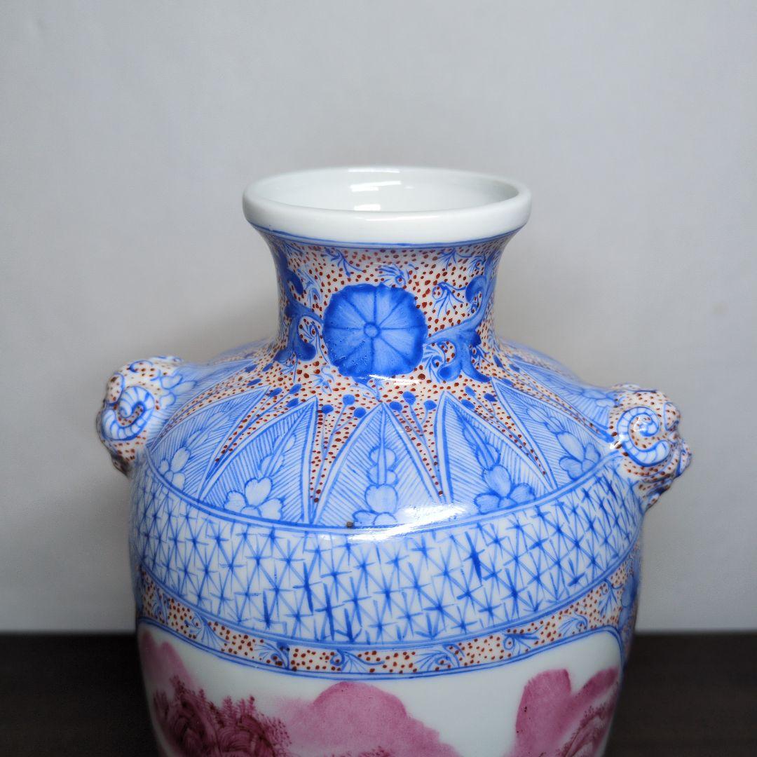 居仁堂製 色絵 窓絵 山水文 獣耳付 瓶 高さ約24.5cm