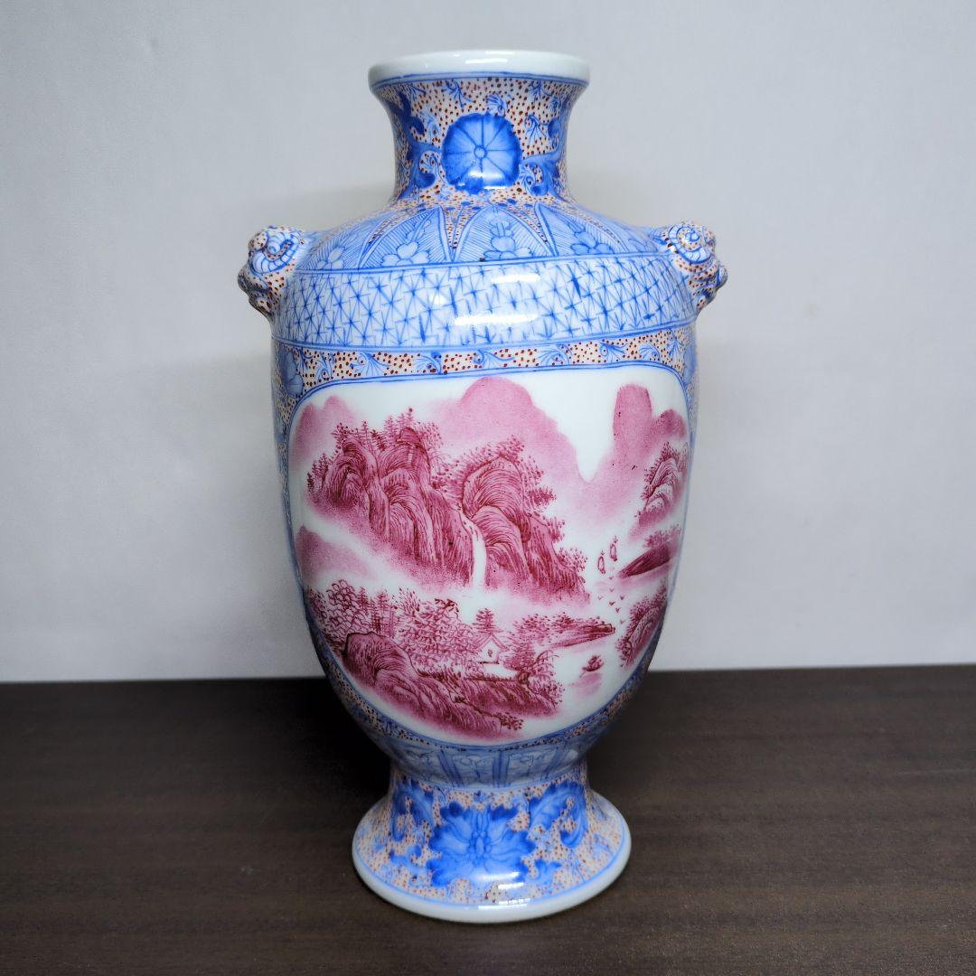 居仁堂製 色絵 窓絵 山水文 獣耳付 瓶 高さ約24.5cm
