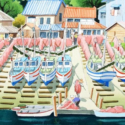 絵画「漁港～ エビ網を干す」　水彩画