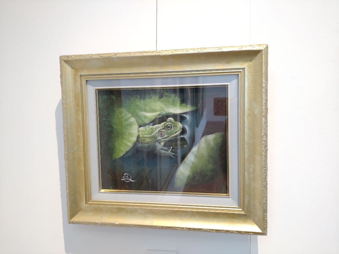 カエルの油絵【水鏡】1点物の原画◆作者サイン入り◆F3号キャンバス