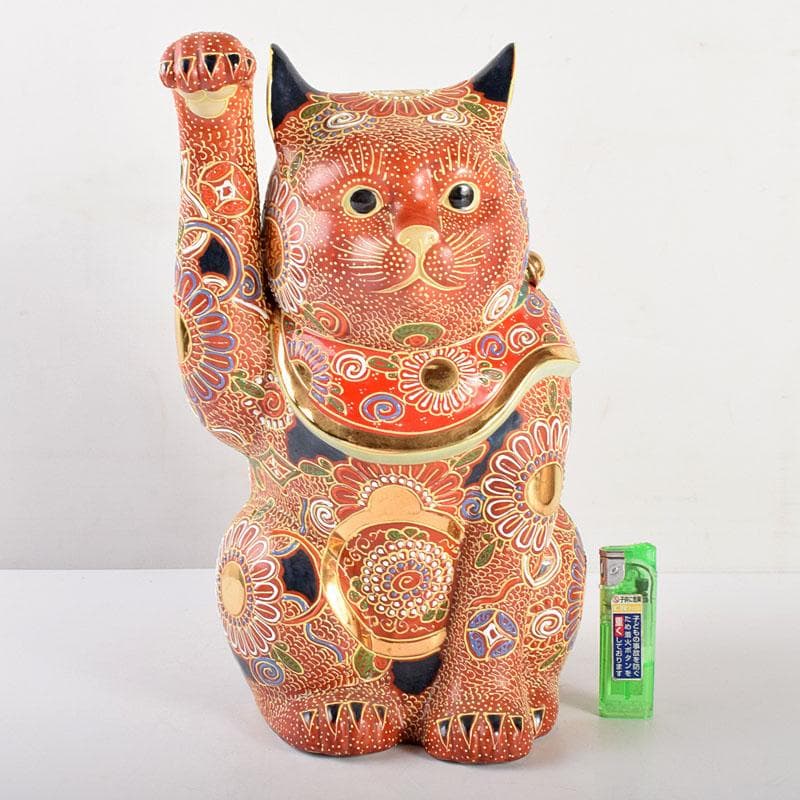 とらさん　九谷焼　色絵金彩　招き猫　置物　縁起物　在銘　F　R4990B