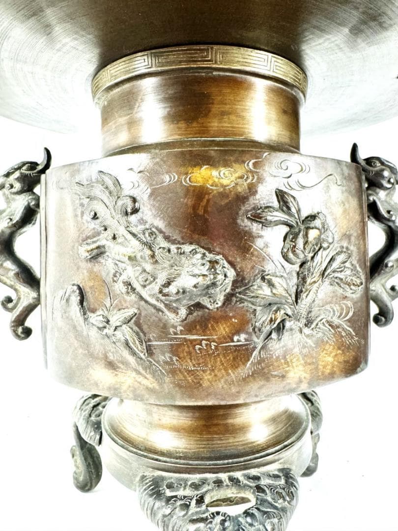 江戸時代 古銅 塗金 雙龍耳花鳥珍獣彫薄端 花器 置物 旧家蔵出WWST025