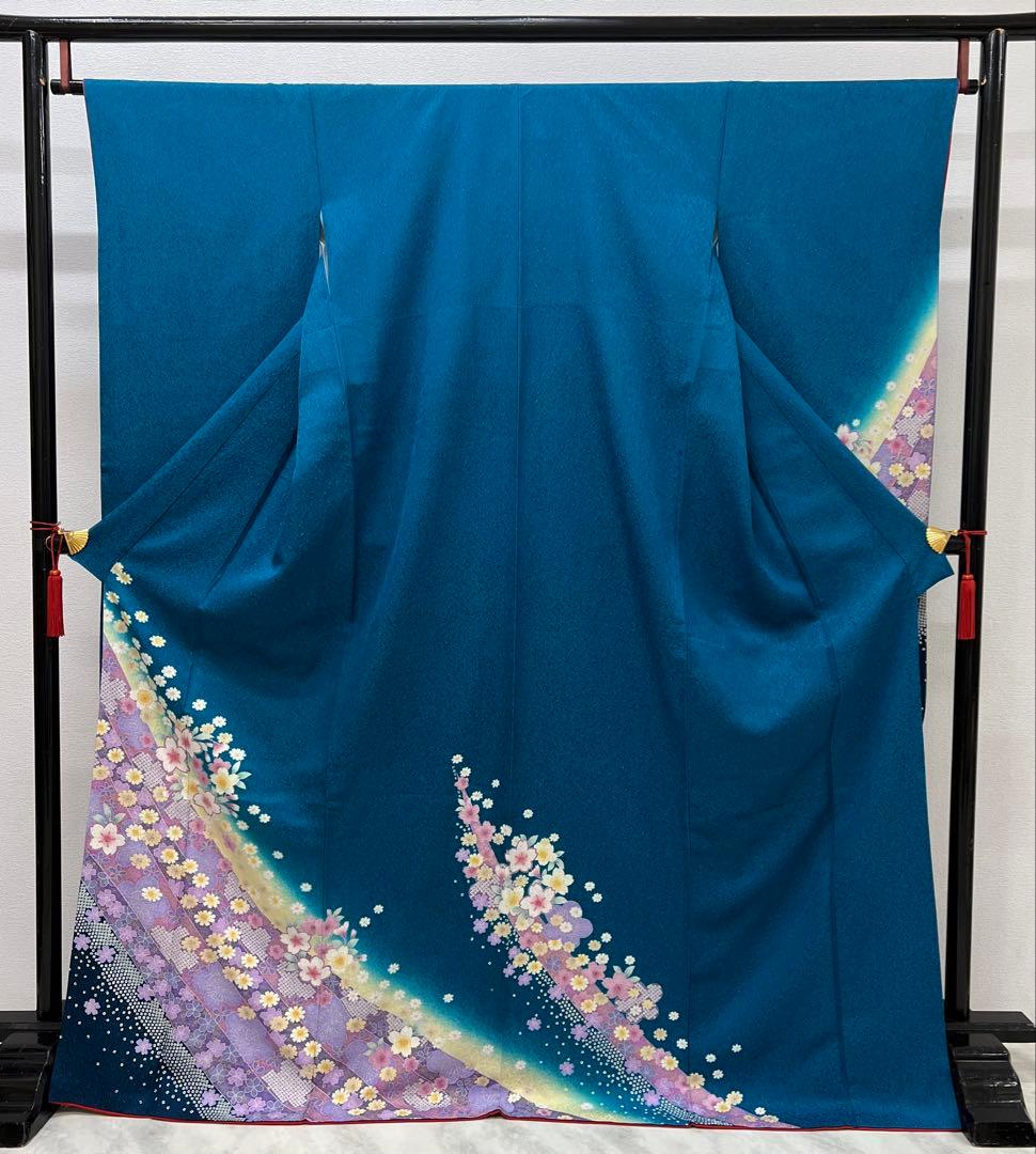 振り袖　フルセット　別誂長襦袢付　ブルー　成人式　金彩加工　金通し　714