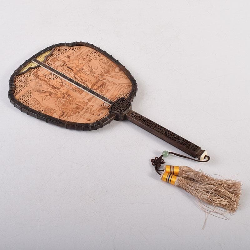 中国　唐木紫檀枠　山水人物彫　檀香宮扇　団扇　証明書付　C　8311