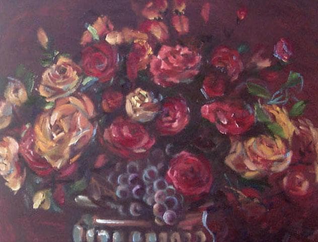 油絵 菅家令子 絵 絵画 インテリア 額付(黒) uF6-113802 花 ばら