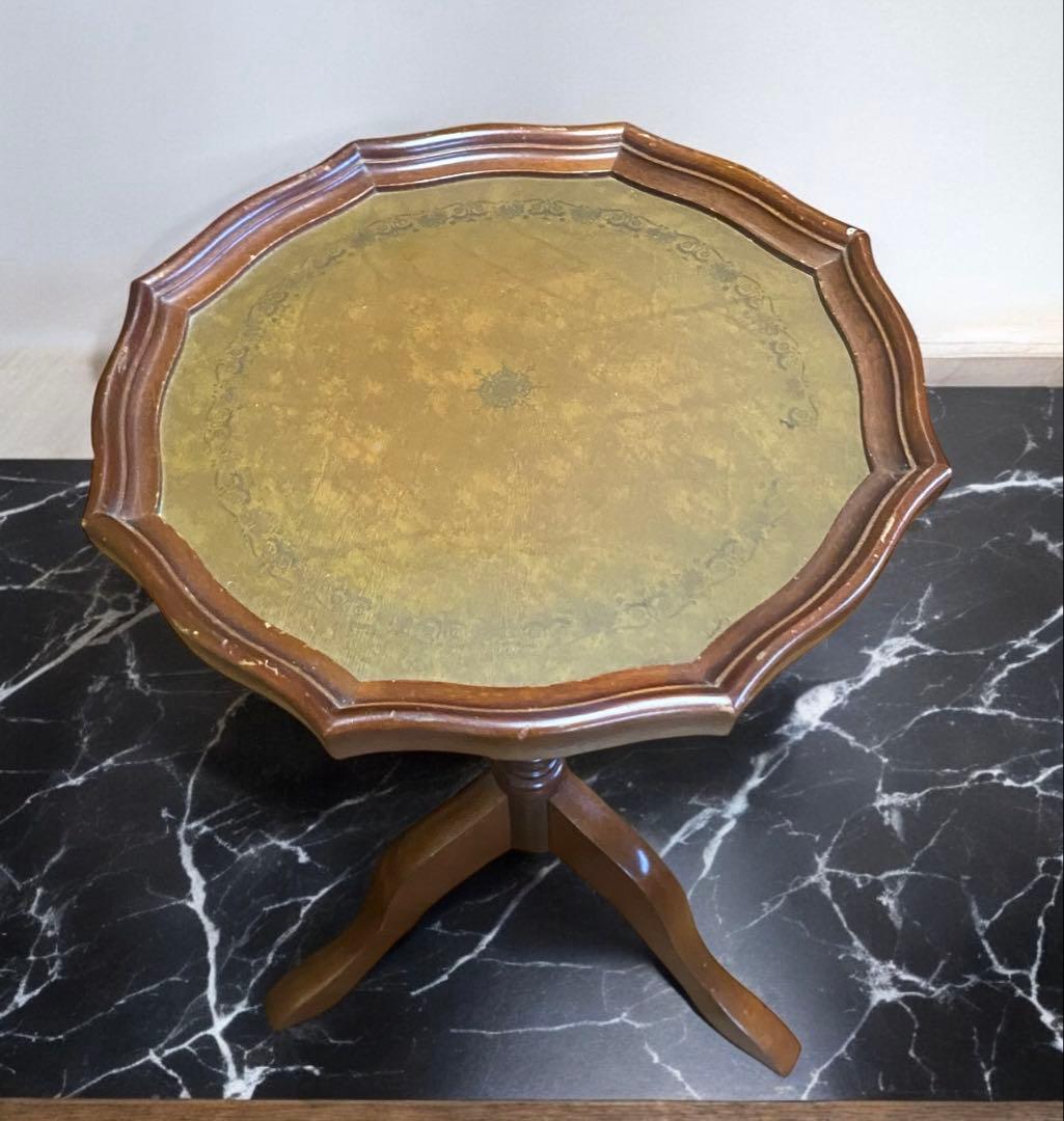 イタリア製アンティーク★天板革張りのコーヒーテーブル　サイドテーブル　花台