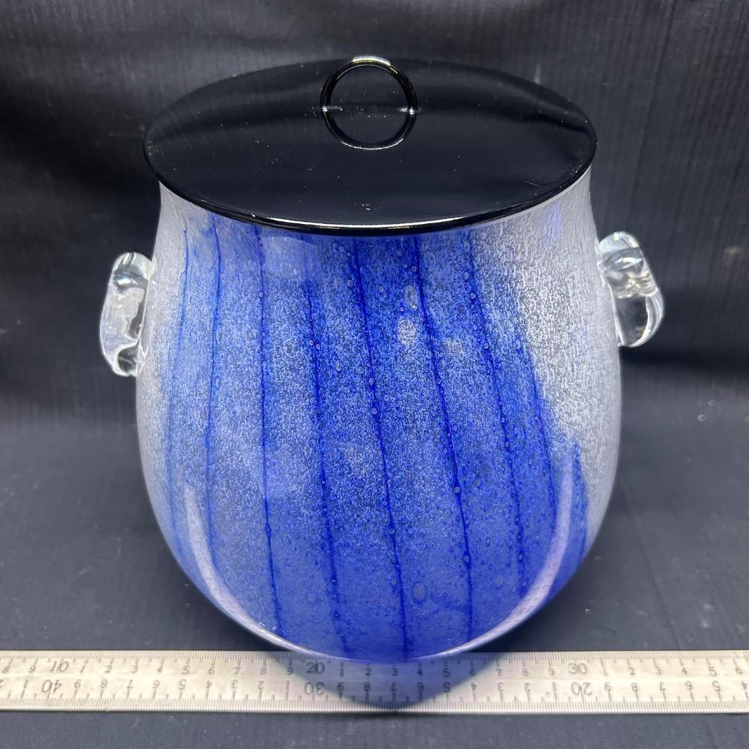 ▽Eb左1114 ガラス製 水指 漆蓋付き 琉球硝子？ 気泡 ガラス