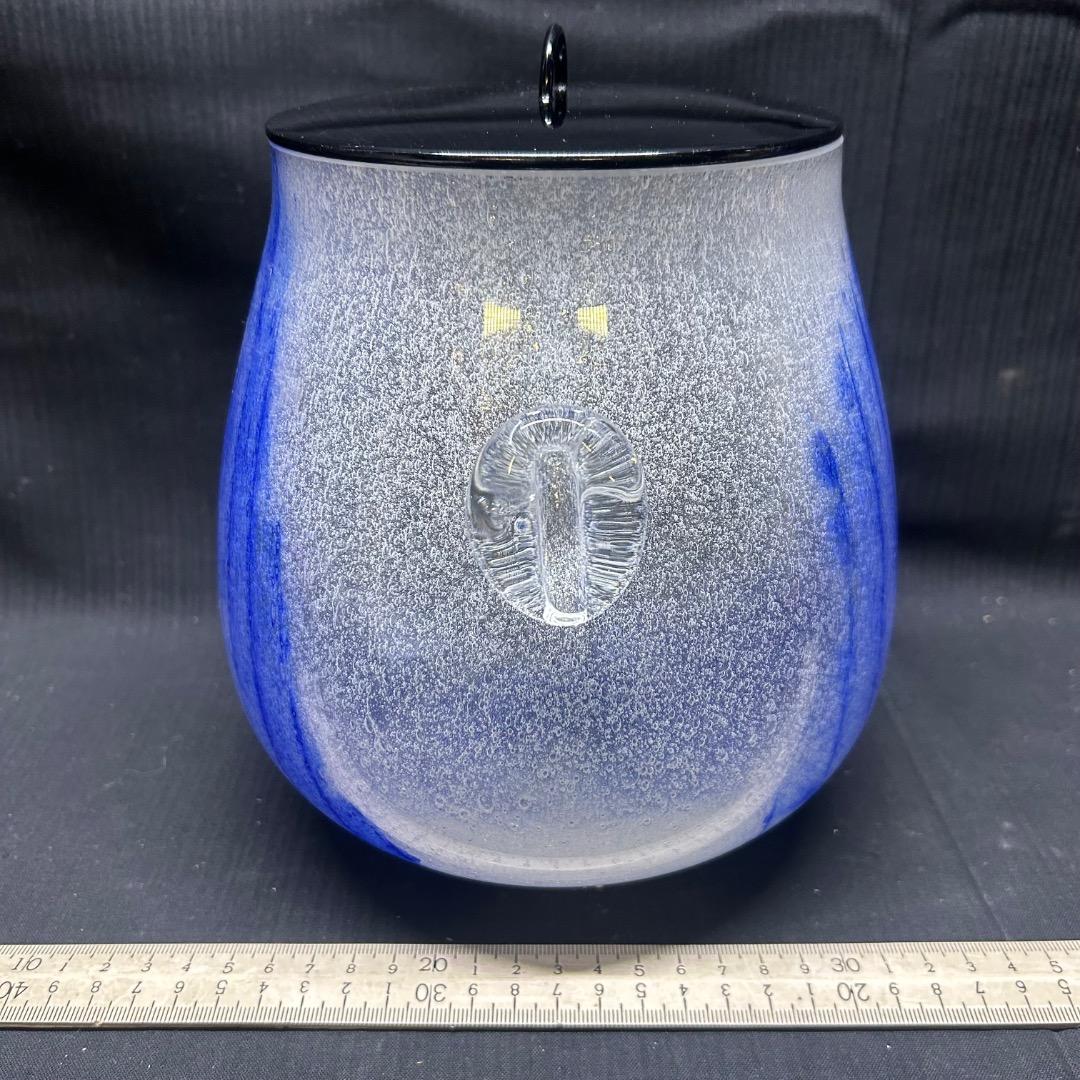 ▽Eb左1114 ガラス製 水指 漆蓋付き 琉球硝子？ 気泡 ガラス