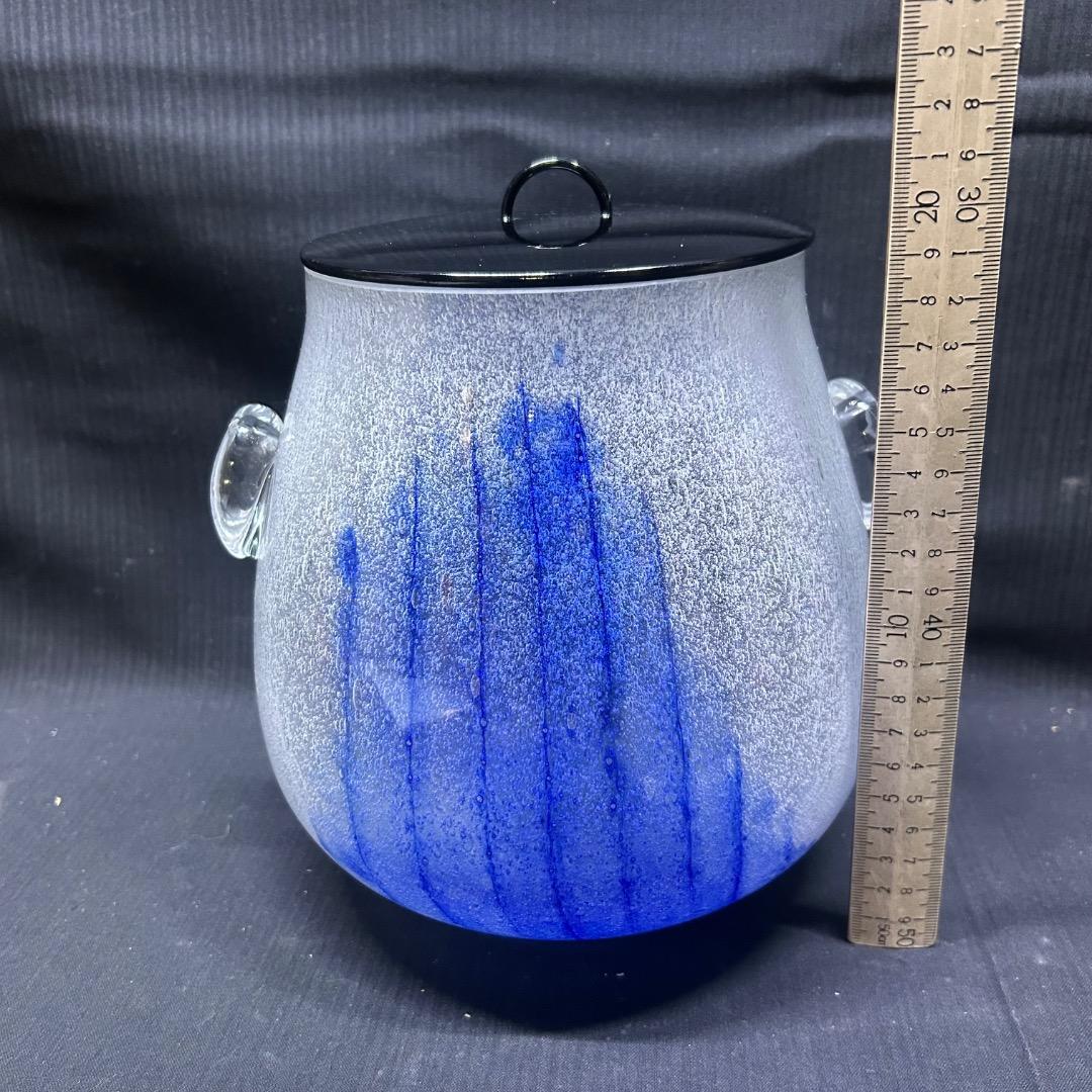 ▽Eb左1114 ガラス製 水指 漆蓋付き 琉球硝子？ 気泡 ガラス