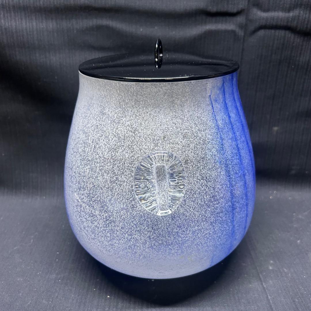 ▽Eb左1114 ガラス製 水指 漆蓋付き 琉球硝子？ 気泡 ガラス