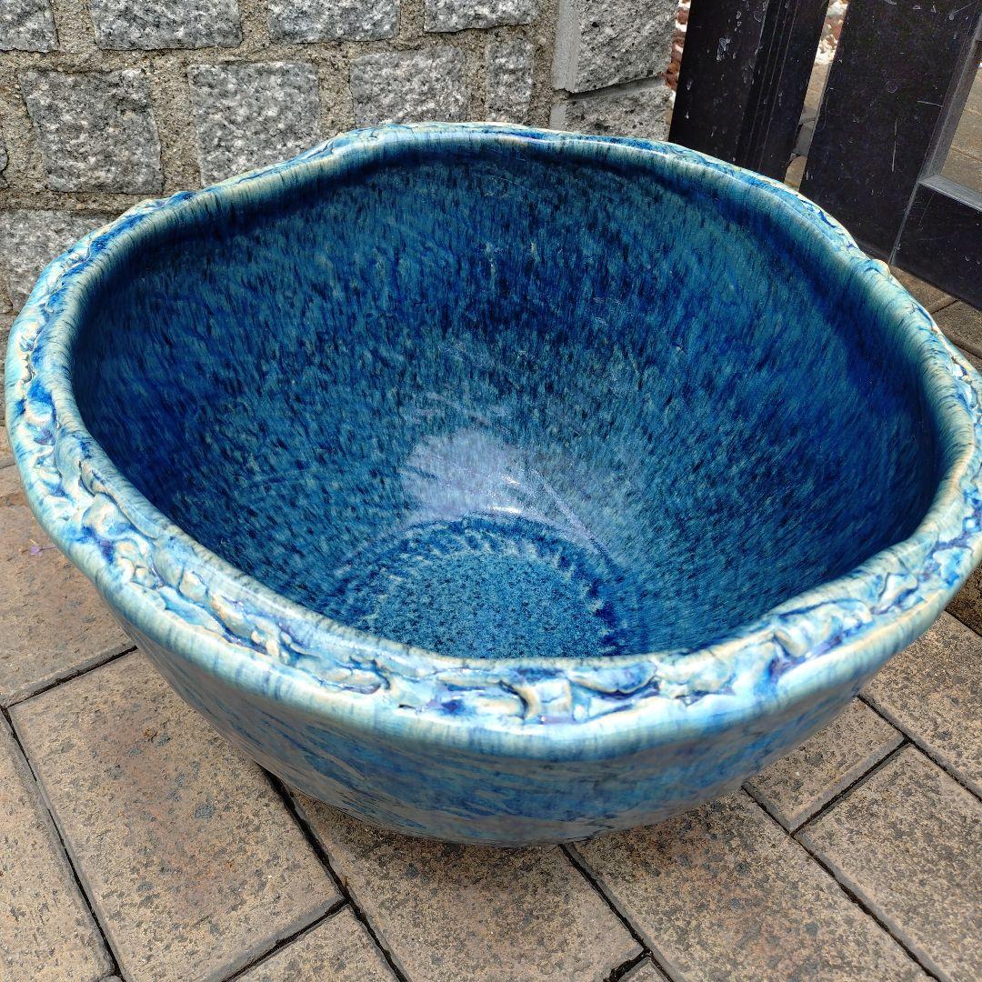 信楽焼　ブルー手作りめだか鉢　水連鉢　ビオトープ　直径49㌢