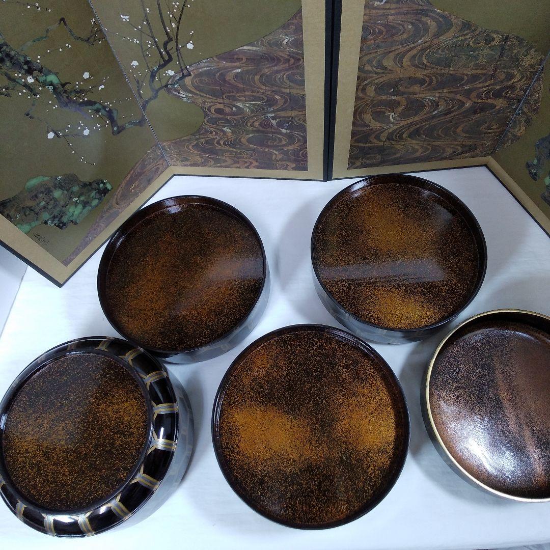 江戸時代骨董 金と銀の紐が六角形に結ばれた模様 四段重箱