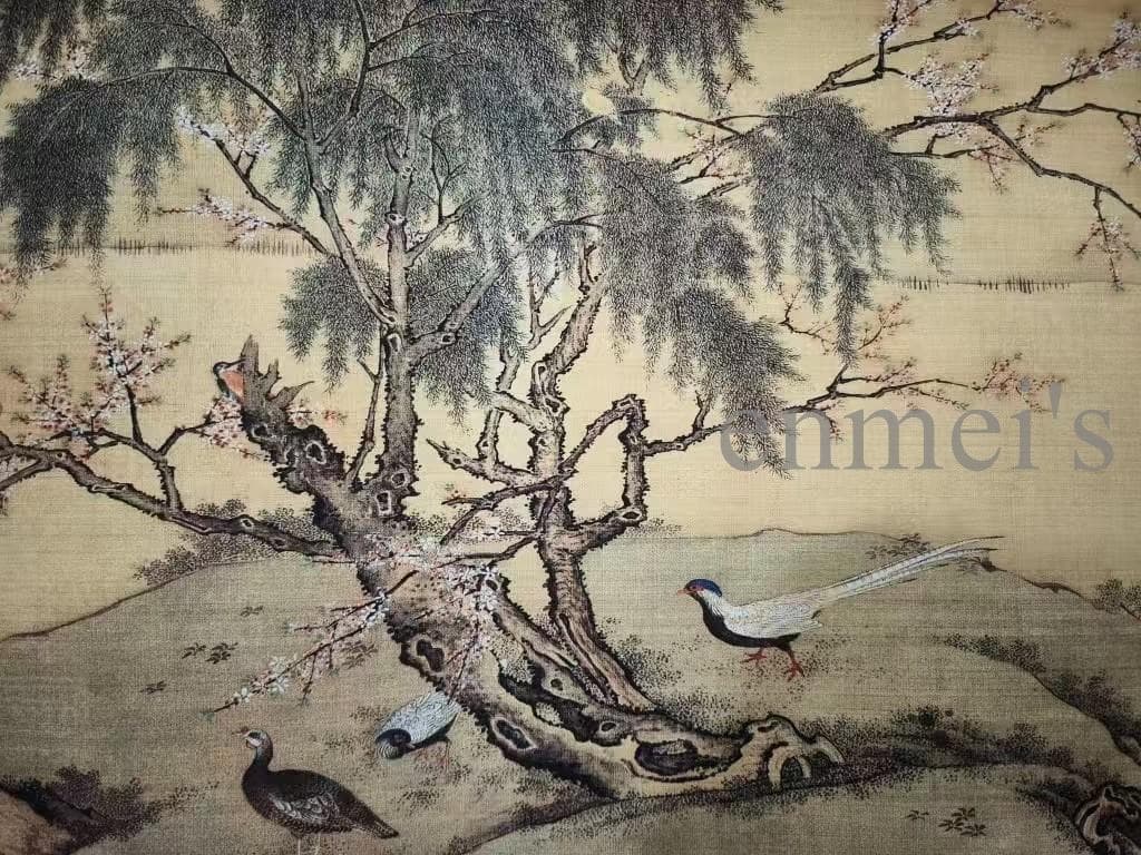 中国古美術 沈銓作款 百鳥朝鳳図 水墨画 手絵絹本 書画 古美味 唐物 肉筆