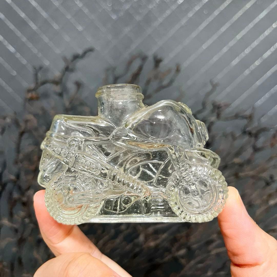 骨董　レトロガラス　時代　金平糖瓶　菓子瓶　バイク　単車　エンボス　ウラン