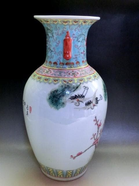 壷■鶴松竹梅耳付き大瓶 大清乾隆年製 伴富貴住田沸堂春 花瓶 花唐草紋 骨董品■