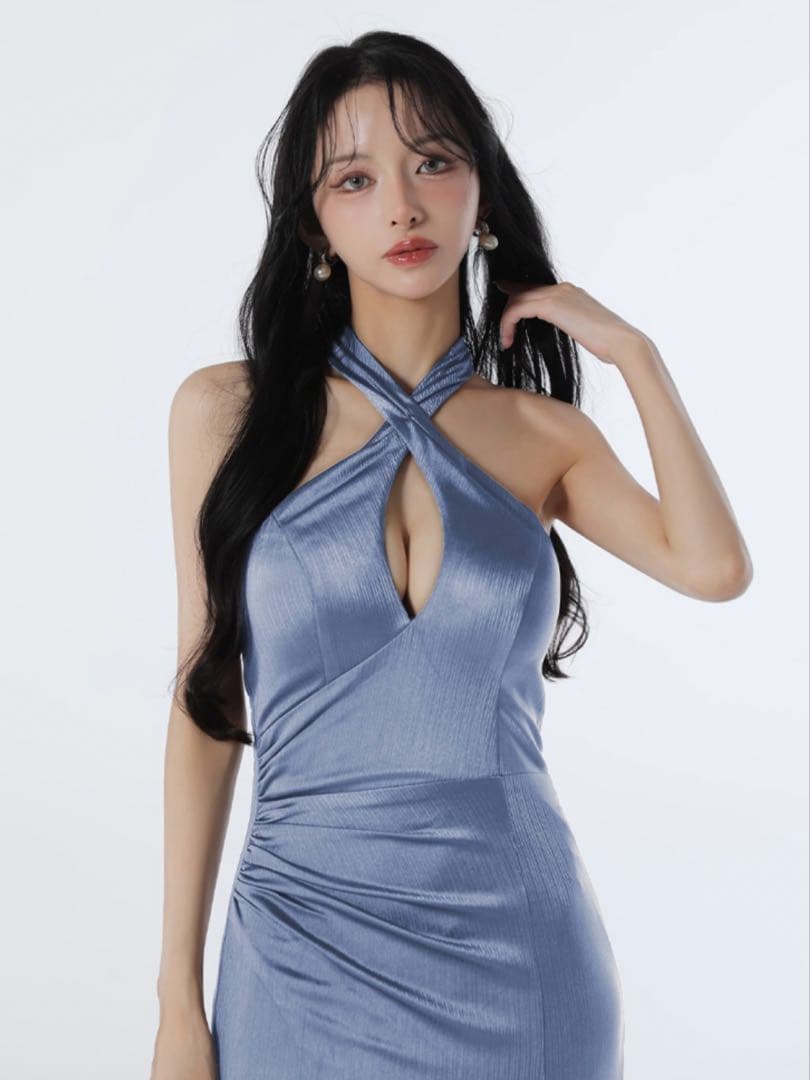 Glossyクロスホルター/ストレッチサテン/マーメイド/ロング/キャバドレス