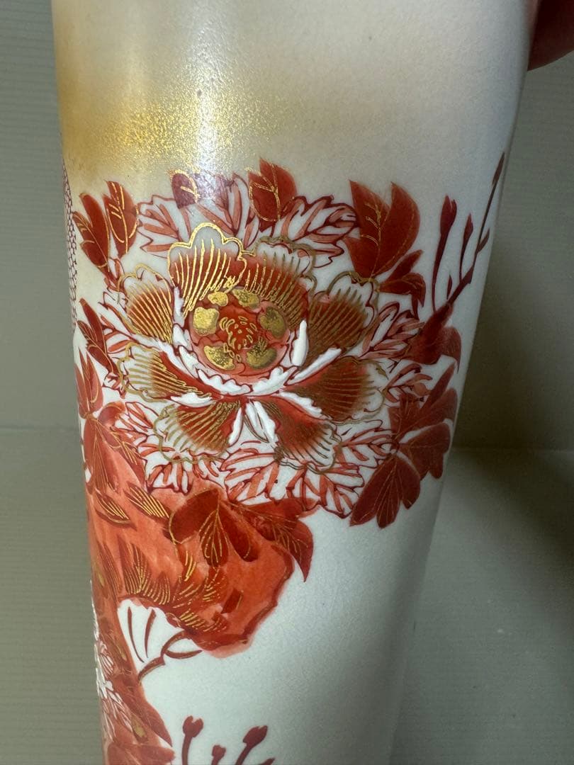 2490 九谷焼　筒型　花瓶　花活け　孔雀と牡丹