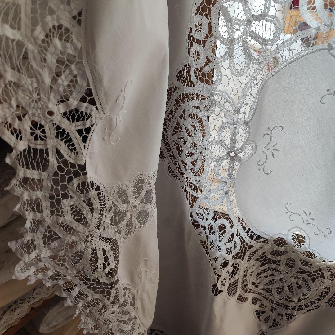 ヴィンテージバテンレース　白糸　円形クロス