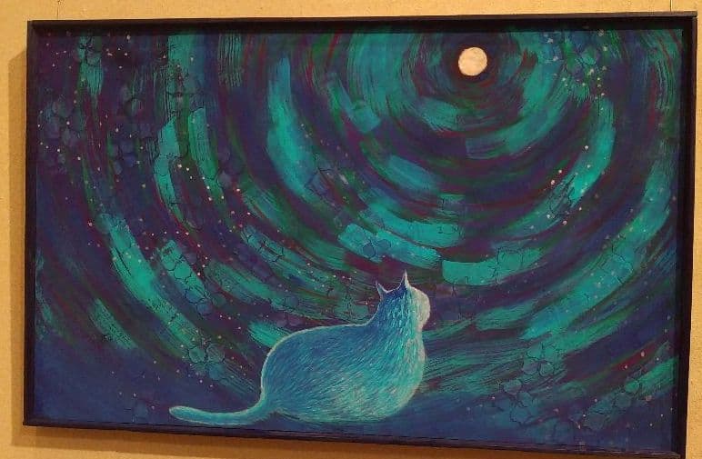 日本画『月』猫と月　M50号