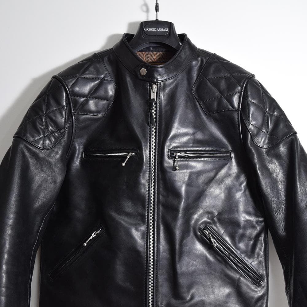 イタリア製 馬革 ホースハイド パテッド レザーライダース ジャケット 黒 XL