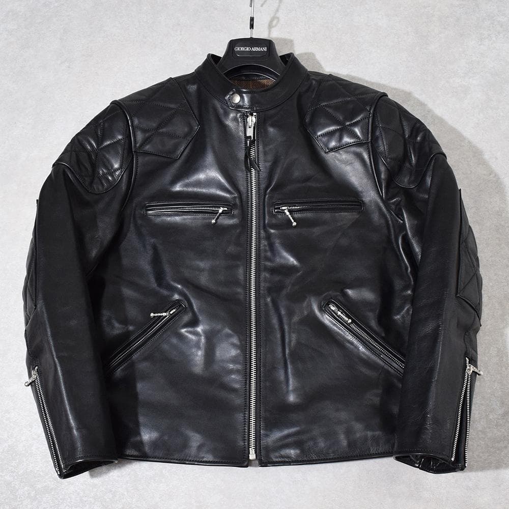 イタリア製 馬革 ホースハイド パテッド レザーライダース ジャケット 黒 XL