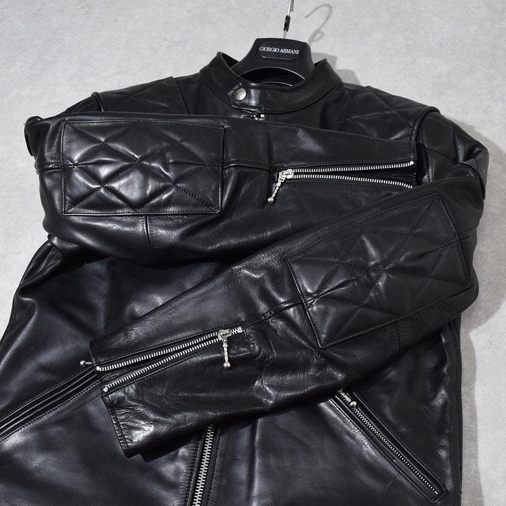 イタリア製 馬革 ホースハイド パテッド レザーライダース ジャケット 黒 XL