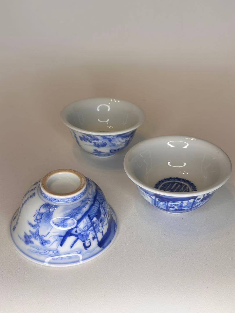 清時代　青花　染付　人物泛舟文　盃　三点組　詩文有　中国古美術