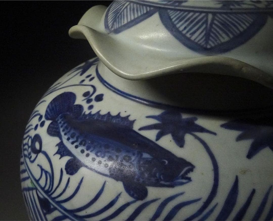 中国古玩 元染 魚藻文 蓋付壷 高約34cm 唐物 時代物 c11370