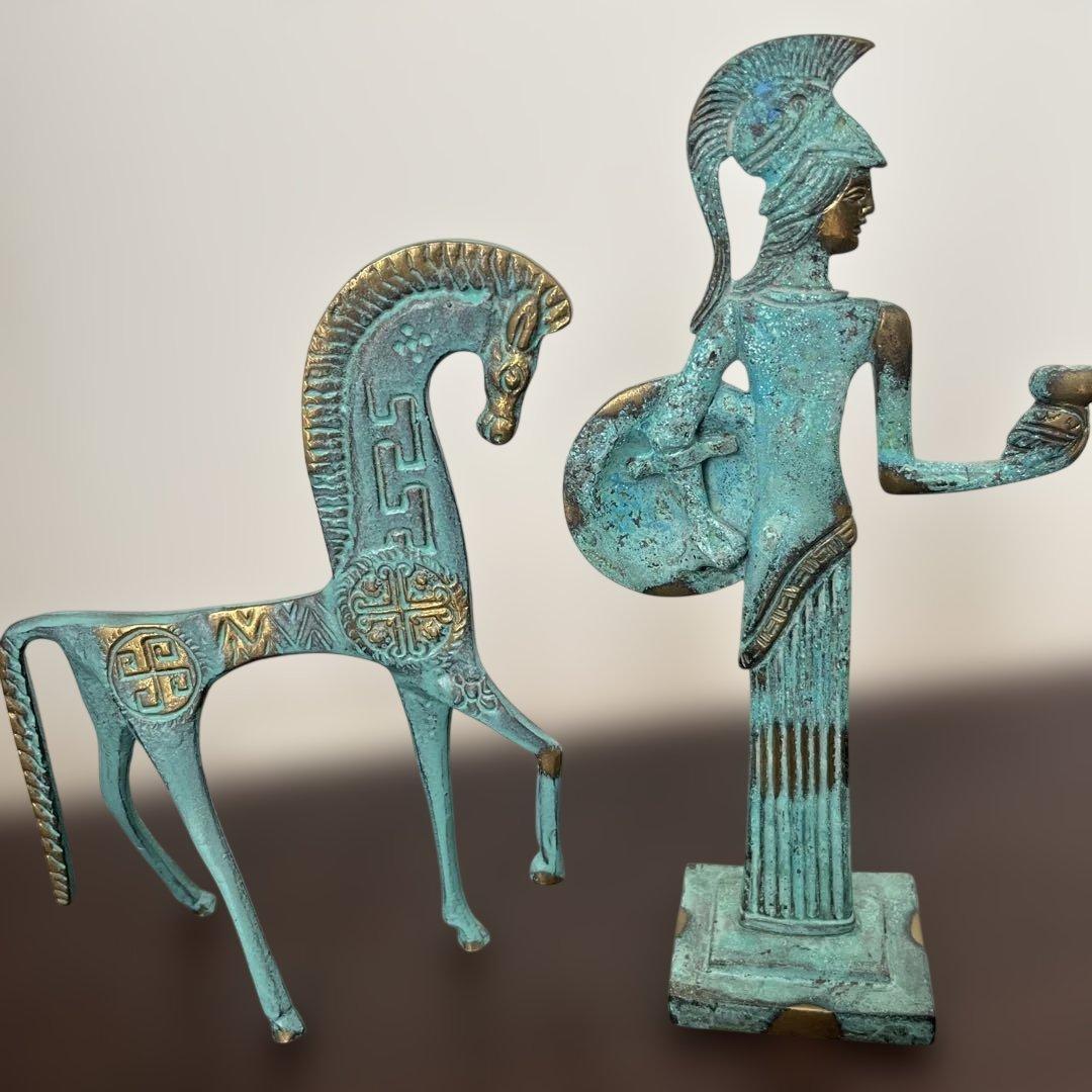 ギリシャ　青銅色の馬とアテネの彫刻2点セット